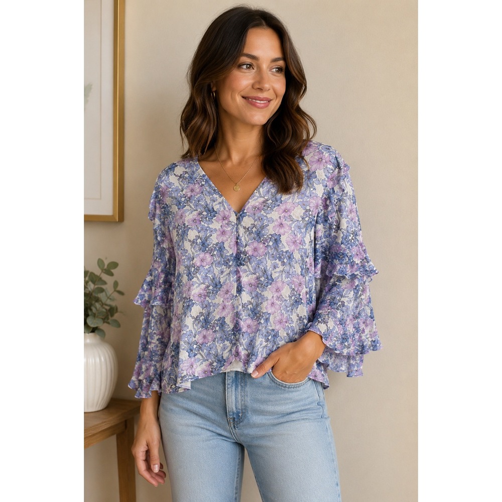 Vince Camuto Blouse Womens Medium Purple Blue Floral Ruffle Tiered Sleeve V-Neck